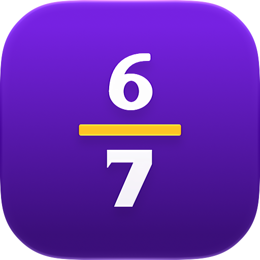 Het icoon van ExaCalc: de breuk 6 over 7 in wit op violet, met een gouden breukstreep